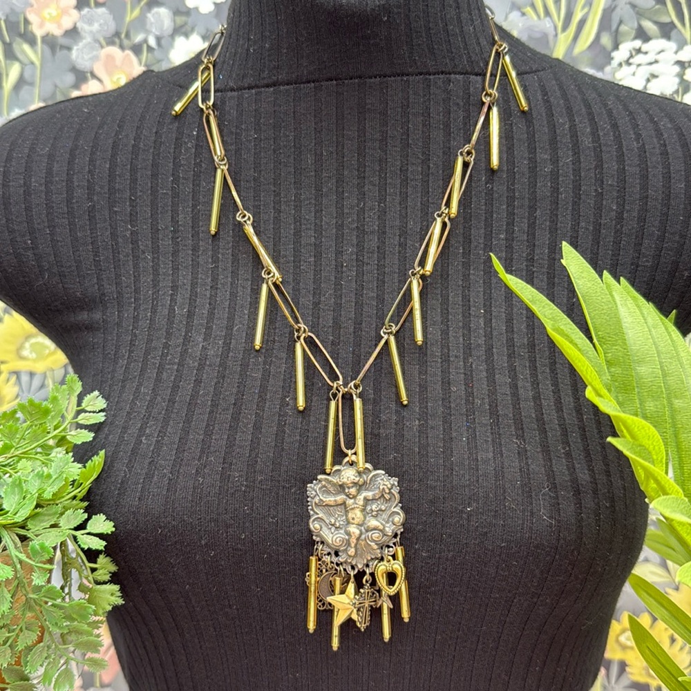 🌟Adorned Crown Jewelry assemblage mixed metal cherub charm bugle necklace